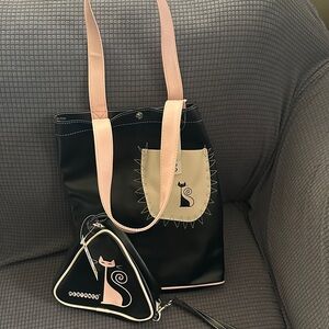 Elegant Black and Cream Cat Design Tote Bag Set